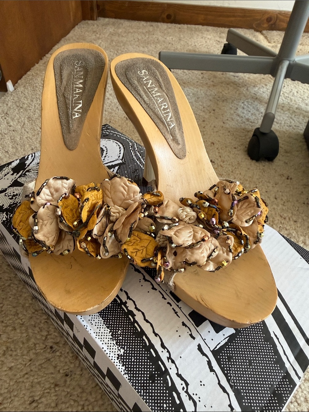 SAN MARINA Beige and Mustard Floral Embellished Wooden Slide Mules